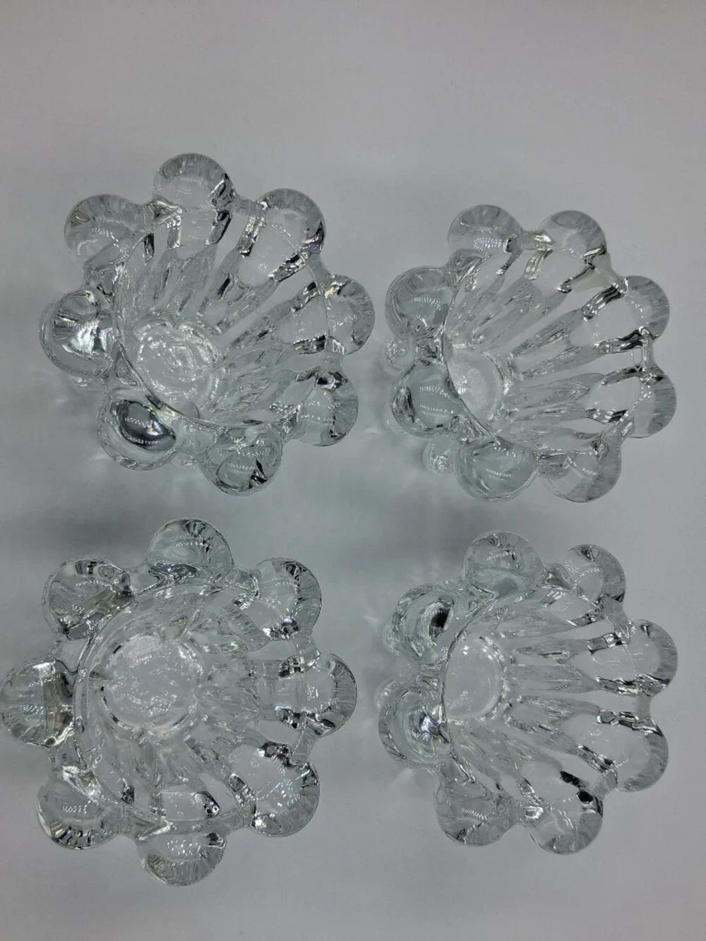 Lot of 4 Vintage Indonesia Heavy Clear Glass Tealight Flower Petal Scroll Holder